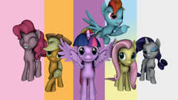 Size: 800x450 | Tagged: safe, artist:dirtyker, derpibooru import, applejack, fluttershy, pinkie pie, rainbow dash, rarity, twilight sparkle, twilight sparkle (alicorn), alicorn, earth pony, pegasus, pony, unicorn, 3d, flying, mane six, spread wings, wings