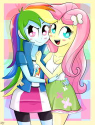 Size: 1442x1900 | Tagged: safe, artist:riouku, derpibooru import, fluttershy, rainbow dash, equestria girls, blushing, cleavage, female, flutterdash, lesbian, shipping