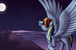 Size: 1280x853 | Tagged: safe, artist:xormak, derpibooru import, rainbow dash, pegasus, pony, cloud, cloudy, looking up, moon, mountain, night, raised hoof, sky, solo, spread wings, stars