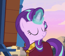 Size: 686x594 | Tagged: safe, screencap, starlight glimmer, pony, unicorn, road to friendship, animated, clothes, eyes closed, female, glowing horn, mare, robe, solo