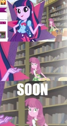 Size: 644x1200 | Tagged: safe, derpibooru import, cheerilee, twilight sparkle, equestria girls, image macro, official content, soon