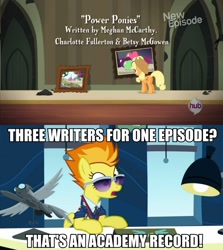 Size: 750x840 | Tagged: safe, applejack, spitfire, earth pony, pony, power ponies (episode), wonderbolts academy, academy record, betsy mcgowen, charlotte fullerton, desk, image macro, meghan mccarthy, office, sunglasses, window