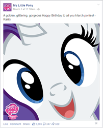 Size: 503x621 | Tagged: safe, rarity, pony, unicorn, cute, facebook, happy birthday, hi anon, march, my little pony logo, official, raribetes, solo