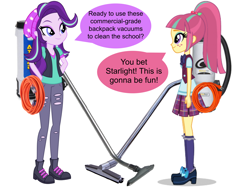 Size: 2048x1536 | Tagged: artist needed, safe, edit, sour sweet, starlight glimmer, equestria girls, 1000 hours in keynote, backpack vacuum cleaner, clothes, crystal prep academy uniform, random, school uniform, simple background, speech bubble, vacuum cleaner, vector, vector edit