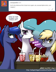 Size: 650x831 | Tagged: safe, artist:johnjoseco, derpy hooves, princess celestia, princess luna, earth pony, pony, april fools, ask, ask gaming princess luna, comic, missing accessory, race swap, royal sisters, tumblr, unamused, underp
