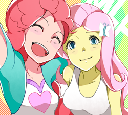 Size: 1000x900 | Tagged: safe, artist:biscuit1646, fluttershy, pinkie pie, equestria girls, pixiv, smiling