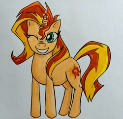 Size: 1555x1512 | Tagged: safe, artist:felinillo, sunset shimmer, pony, one eye closed, simple background, smiling, solo, traditional art, white background