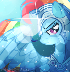 Size: 1763x1820 | Tagged: safe, artist:xwhitedreamsx, derpibooru import, rainbow dash, pegasus, pony, armor, crystallized, female, helmet, looking at you, solo