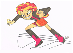 Size: 2338x1700 | Tagged: safe, artist:artofmagicpoland, sunset shimmer, equestria girls, equestria girls (movie), boots, clothes, high heel boots, jacket, leather jacket, shoes, skirt, solo, traditional art