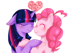 Size: 900x675 | Tagged: safe, artist:charmyamber, derpibooru import, pinkie pie, twilight sparkle, earth pony, pony, boop, eyes closed, female, heart, lesbian, shipping, twinkie