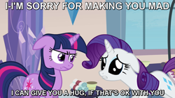 Size: 811x456 | Tagged: safe, derpibooru import, rarity, twilight sparkle, pony, unicorn, angry, hug, image macro