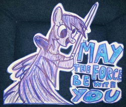 Size: 1081x918 | Tagged: safe, artist:maytheforcebewithyou, derpy hooves, pegasus, pony, crossover, female, lightsaber, mare, solo, star wars, traditional art, weapon