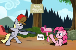 Size: 1500x1000 | Tagged: safe, artist:dan232323, derpy hooves, pinkie pie, earth pony, pony, bang, bugs bunny, carrot, crossover, eating, elmer fudd, food, gun, hat, looney tunes, mailbox, parody, rifle, text, weapon