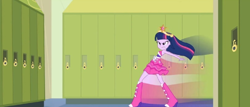 Size: 1360x582 | Tagged: safe, derpibooru import, screencap, twilight sparkle, equestria girls, equestria girls (movie), big crown thingy, boots, crown, fall formal outfits, flash step, hallway, high heel boots, jewelry, lockers, regalia, solo, twilight ball dress