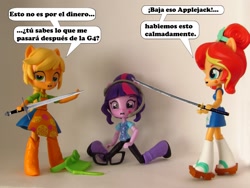 Size: 1000x750 | Tagged: safe, artist:whatthehell!?, applejack, sci-twi, sunset shimmer, twilight sparkle, equestria girls, boots, clothes, doll, equestria girls minis, glasses, hat, headphones, irl, katana, knife, photo, shoes, spanish, sunset sushi, sword, toy, weapon