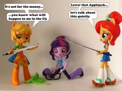 Size: 1000x750 | Tagged: safe, artist:whatthehell!?, applejack, sci-twi, sunset shimmer, twilight sparkle, equestria girls, boots, clothes, doll, equestria girls minis, glasses, hat, headphones, irl, katana, knife, photo, shoes, sunset sushi, sword, toy, weapon