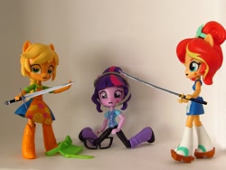 Size: 1000x750 | Tagged: safe, artist:whatthehell!?, applejack, sci-twi, sunset shimmer, twilight sparkle, equestria girls, boots, clothes, doll, equestria girls minis, glasses, hat, headphones, irl, katana, knife, photo, shoes, sunset sushi, sword, toy, weapon