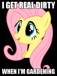 Size: 750x1000 | Tagged: safe, fluttershy, pegasus, pony, black background, blue eyes, bust, caption, exploitable meme, female, image macro, innocent innuendo, mare, meme, open mouth, painfully innocent fluttershy, paraprosdokian, pink mane, simple background, smiling, solo, text, wings, yellow coat