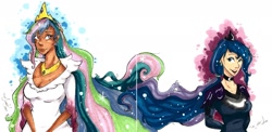 Size: 2384x1161 | Tagged: safe, artist:pikanerd, princess celestia, princess luna, human, humanized, traditional art