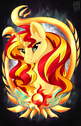 Size: 792x1224 | Tagged: safe, artist:karra-shi, sunset shimmer, pony, unicorn, bust, cutie mark, female, looking at you, mare, portrait, signature, solo