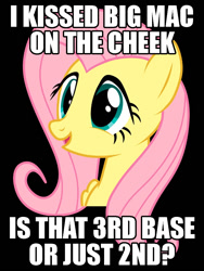 Size: 750x1000 | Tagged: safe, big macintosh, fluttershy, earth pony, pegasus, pony, black background, blue eyes, bust, caption, exploitable meme, female, fluttermac, image macro, male, mare, meme, open mouth, painfully innocent fluttershy, pink mane, shipping, simple background, smiling, solo, stallion, straight, text, wings, yellow coat