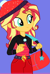 Size: 1024x1523 | Tagged: safe, artist:twlighti-shimmer, sunset shimmer, equestria girls, bag, beanie, blue background, cute, duffle bag, female, hat, shimmerbetes, simple background, smiling, solo