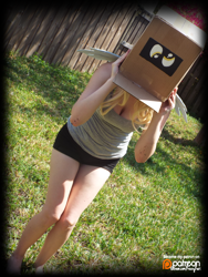 Size: 3456x4608 | Tagged: safe, artist:krazykari, derpy hooves, human, box, cardboard box, clothes, cosplay, costume, gameloft, irl, irl human, patreon, patreon logo, photo, pony in a box, sexy