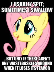 Size: 750x1000 | Tagged: safe, fluttershy, pegasus, pony, black background, blue eyes, bust, caption, exploitable meme, female, gum, image macro, innocent innuendo, mare, meme, open mouth, painfully innocent fluttershy, paraprosdokian, pink mane, simple background, smiling, solo, text, wings, yellow coat