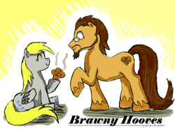 Size: 714x536 | Tagged: safe, artist:souleatersaku90, derpy hooves, oc, oc:brawny hooves, pegasus, pony, female, food, mare, muffin