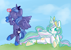 Size: 1023x723 | Tagged: safe, artist:skywriter, princess celestia, princess luna, alicorn, butterfly, pony, eyes closed, s1 luna