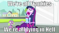 Size: 1366x768 | Tagged: safe, derpibooru import, spike, twilight sparkle, dog, equestria girls, exploitable meme, frankie teardrop, image macro, lyrics, nightmare fuel, song reference, spike the dog, suicide, twiscream