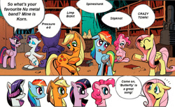 Size: 800x490 | Tagged: safe, derpibooru import, edit, idw, applejack, fluttershy, pinkie pie, rainbow dash, rarity, twilight sparkle, twilight sparkle (alicorn), alicorn, earth pony, pegasus, pony, unicorn, spoiler:comic, spoiler:comic17, crazy town (band), exploitable meme, female, korn, limp bizkit, mane 6 interests, mane six, mare, meme, nu metal, pressure 4-5, slipknot, spineshank