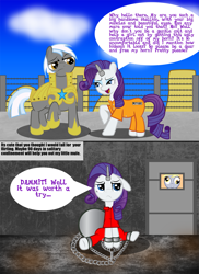 Size: 2183x3000 | Tagged: safe, artist:spellboundcanvas, derpy hooves, rarity, pegasus, pony, unicorn, clothes, comic, female, flirting, guard, mare, prison, prison outfit, prisoner, punishment