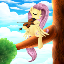 Size: 2000x2000 | Tagged: safe, artist:ogniva, fluttershy, pegasus, pony, eyes closed, musical instrument, solo, tree, violin