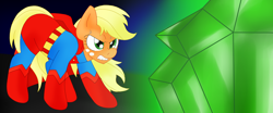 Size: 2650x1104 | Tagged: safe, alternate version, artist:blackbewhite2k7, applejack, earth pony, pony, app-el, commission, crossover, kryptonite, parody, superhero, superman, supermare