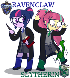 Size: 1245x1378 | Tagged: safe, artist:psychodiamondstar, sci-twi, sour sweet, twilight sparkle, snake, equestria girls, angry, book, clothes, duo, female, glasses, harry potter, no pupils, ravenclaw, school uniform, simple background, slytherin, wand, white background, wizard robe