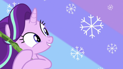 Size: 1280x720 | Tagged: safe, screencap, starlight glimmer, pony, unicorn, road to friendship, female, mare, smiling, snow, snowflake, solo, we're friendship bound, winter