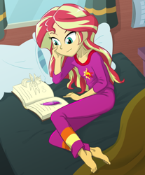 Size: 780x940 | Tagged: safe, artist:ta-na, sunset shimmer, twilight sparkle, twilight sparkle (alicorn), alicorn, human, equestria girls, barefoot, bed, book, calendar, clothes, curtains, cutie mark on clothes, desk, feet, female, haycartes' method, heart, horn, journal, lying down, on side, pajamas, paper, paper pony, paper twilight, pen, pillow, smiling, solo, window, wings