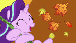 Size: 1280x720 | Tagged: safe, screencap, starlight glimmer, pony, unicorn, road to friendship, autumn, cute, eyes closed, female, glimmerbetes, leaves, mare, open mouth, solo, we're friendship bound