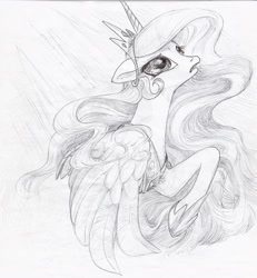 Size: 2414x2616 | Tagged: safe, artist:violetsquiggles, princess celestia, alicorn, pony, fanfic art, monochrome, solo, traditional art