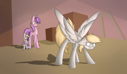 Size: 2782x1620 | Tagged: safe, artist:wolfcatfire, amethyst star, derpy hooves, dinky hooves, sparkler, pegasus, pony, equestria's best mother, female, floppy ears, guardian, imminent ass kicking, mama bear, mare, protecting, spread wings