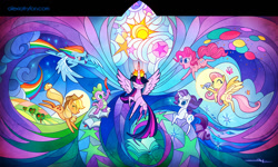 Size: 1500x898 | Tagged: safe, artist:alexia tryfon, derpibooru import, applejack, fluttershy, pinkie pie, rainbow dash, rarity, spike, twilight sparkle, twilight sparkle (alicorn), alicorn, bird, butterfly, dragon, earth pony, pegasus, pony, unicorn, my little pony: the movie, apple tree, balloon, book, eyes closed, mane seven, mane six, quill, signature, stained glass, stars, sun, tree