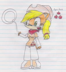 Size: 720x784 | Tagged: safe, artist:brawldrawer, applejack, anthro, plantigrade anthro, lasso, lined paper, rope, solo, sonic the hedgehog (series), sonicified, species swap, style emulation, traditional art