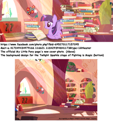 Size: 850x924 | Tagged: safe, derpibooru import, twilight sparkle, twilight sparkle (alicorn), alicorn, pony, fighting is magic, background, book, cover, drama, facebook, female, fighting is drama, flower, golden oaks library, library, mare, official, scroll, sunlight