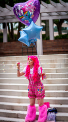 Size: 1121x2000 | Tagged: artist needed, safe, pinkie pie, human, 2012, anime weekend atlanta, balloon, bubble, convention, cosplay, irl, irl human, leg warmers, photo, shortalls, solo