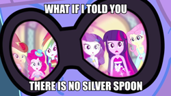 Size: 1078x608 | Tagged: safe, derpibooru import, screencap, applejack, fluttershy, photo finish, pinkie pie, rainbow dash, rarity, twilight sparkle, a photo booth story, eqg summertime shorts, equestria girls, image macro, implied silver spoon, mane six, meme, morpheus, reflection, the matrix, what if i told you