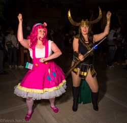 Size: 2000x1935 | Tagged: artist needed, safe, pinkie pie, human, 2012, anime weekend atlanta, convention, cosplay, crossover, irl, irl human, loki, photo, suspenders