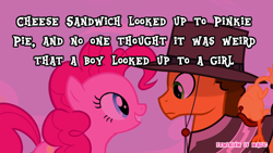 Size: 500x281 | Tagged: safe, edit, screencap, boneless, cheese sandwich, pinkie pie, earth pony, pony, pinkie pride, feminism is magic, meta, text