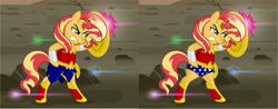 Size: 1659x652 | Tagged: safe, artist:sugar-loop, sunset shimmer, pony, unicorn, bipedal, brony thank you fund, clothes, crossover, dc comics, female, mare, shield, solo, wonder woman