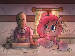 Size: 1280x960 | Tagged: safe, pinkie pie, earth pony, pony, baking, dough, duo, frank, kitchen, rolling pin